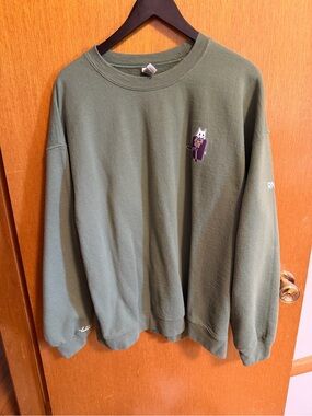 Men's Olive Crewneck Sweatshirt with Embroidered Cat Patch